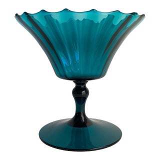 Mid Century Modern Empoli Optic Footed Dish Teal Peacock Blue Ruffled Pedestal Bowl 1960s Vintage For Sale