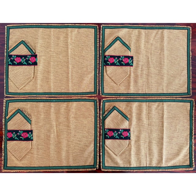 Vintage Gold Woven Placemats and Napkins With Embroidered Rose Bands, 4 Sets For Sale - Image 6 of 6