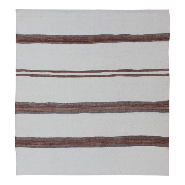 Mid 20th Century Turkish Vintage Kilim Flat-Weave Rug in Off White Brown With Stripe Design For Sale