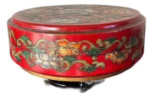 Antique Style Chinese Cinnabar Red Lacquer Lotus Flower Round Box 14x5"