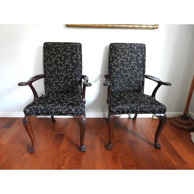 19th Century Antique Re-Upholstered Ho Ho Bird and Shell Motif Carved Side Chairs With Arm Rests Set of 2 For Sale - Image 13 of 13