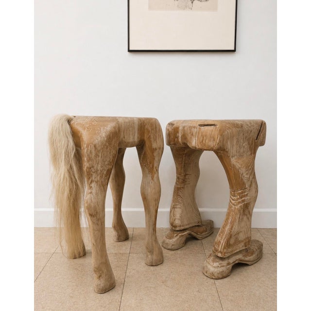 Carved Wood Horse & Rider Stools – Sculptural Butcher Block Pair, One of a Kind ⸻ Description Really cool and unusual pair...