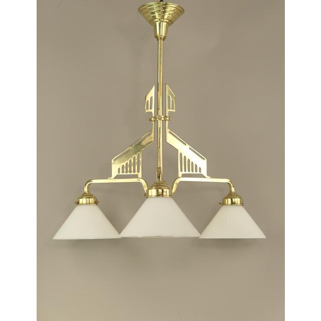 Gold Art Deco Brass Chandelier with Opal Glass Shades, Vienna, Austria, 1925 For Sale - Image 8 of 8