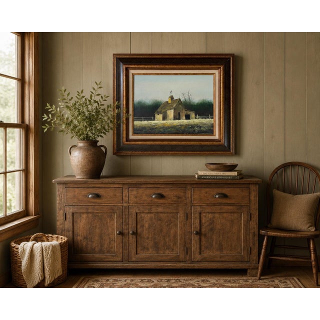 A charming 1970s vintage oil on canvas depicting a peaceful rural farm landscape centered around a weathered country barn...