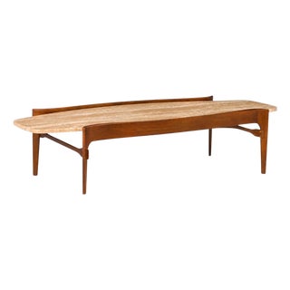 1950s Organic Modern Walnut & Travertine Floating Coffee Table by Bertha Schaefer Singer & Sons For Sale
