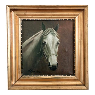 Vintage Original White Horse Oil Painting, Signed Equestrian Portrait - Signed For Sale