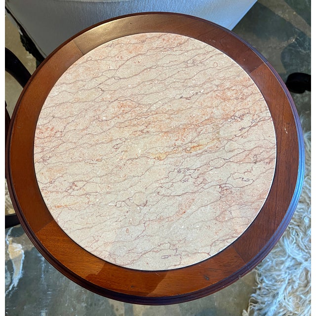 Late 20th Century Carved Round Walnut Side Tables With Marble Top For Sale In Los Angeles - Image 6 of 7