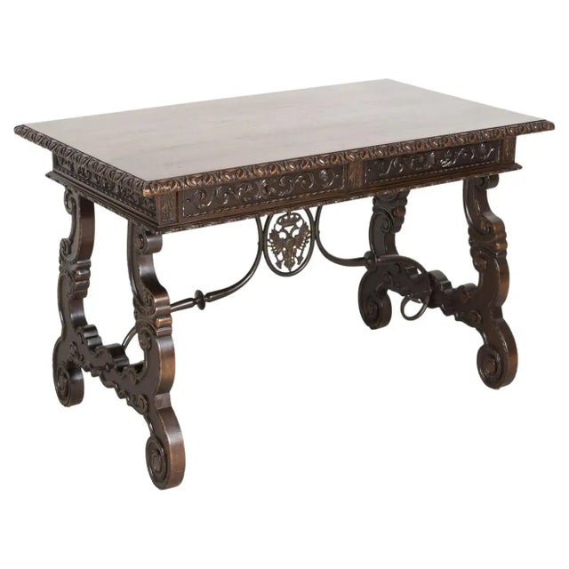 19th Century Spanish Baroque Style Walnut Lyre Leg Writing Table or Side Table For Sale - Image 13 of 13