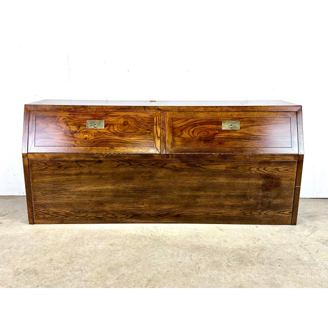 Brown 1970’s Henredon ‘Scene One’ Campaign Style Oak & Brass Queen Storage Headboard For Sale - Image 8 of 12