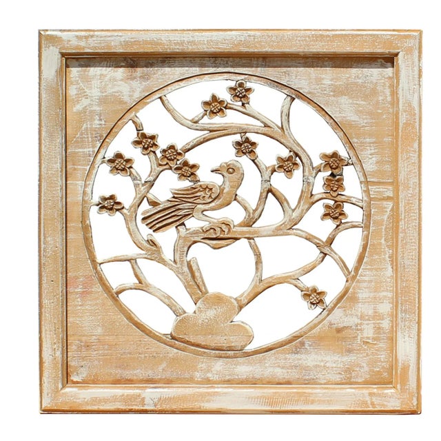 Wood Off White Wash Lacquer Chinese Birds & Flowers Square Wall Panel For Sale - Image 7 of 8