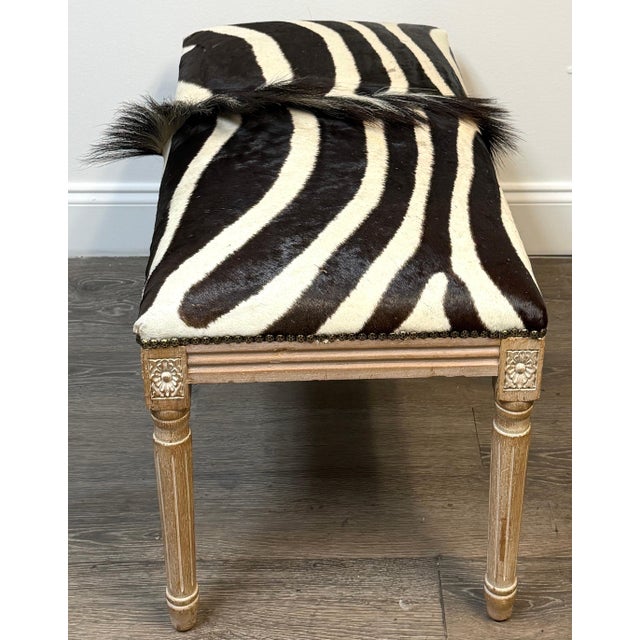 Wood Maison Jansen Neoclassical Zebra Hide Bench, Estate of John Loring, France 1970s For Sale - Image 7 of 11
