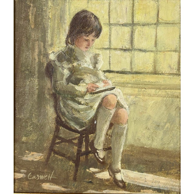 1980s "Needle Work" Young Girl by the Window Original Oil on Linen by Helen Rayburn Caswell For Sale - Image 5 of 6