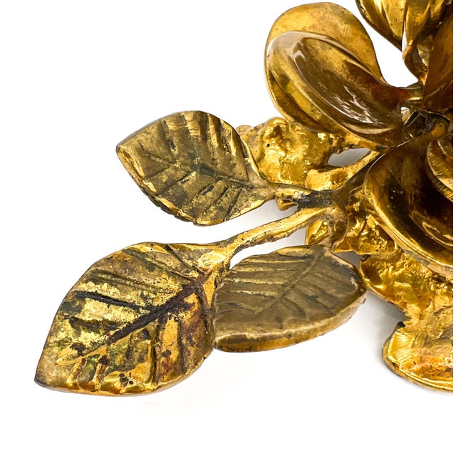 Vintage Gold-Tone Metal Rose Candle Holders — Hollywood Regency / Maison Jansen Style For Sale - Image 12 of 12