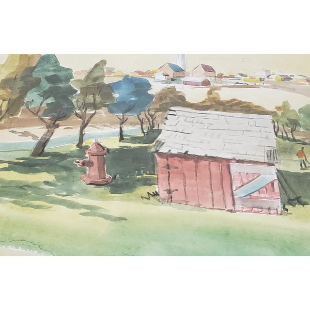 "Red Hydrant" Original Watercolor by A. Cunningham 20th c. Original watercolor on paper. A large red fire hydrant stands...