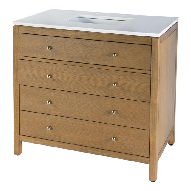 Nora 36 in. W Quartz and Wood Single Sink 3 Drawer Bathroom Vanity Set, Light Natural For Sale