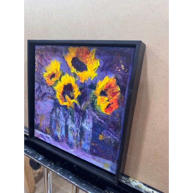 Sunflowers in Blue Bottles 2017 13 H x 13 W in. By Kathleen Varadi A vibrant contemporary floral still life featuring...