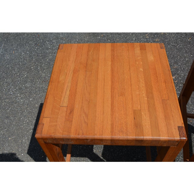 Super nice pair of heavy, solid wood bar stools. The tops are solid, 1.5" - 1.75" thick, butcher block. No labels, but...