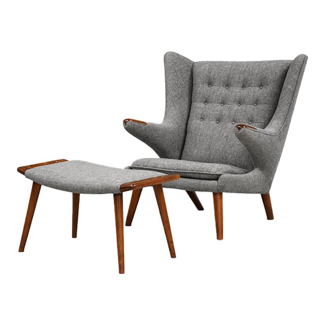 1960s Hans J. Wegner Grey Papa Bear Chair and Ottoman For Sale