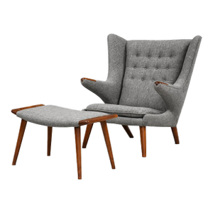 1960s Hans J. Wegner Grey Papa Bear Chair and Ottoman