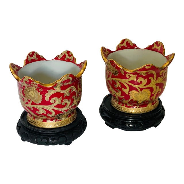 Antique Chinese Pair Ceramic Planters on Wood Stands For Sale