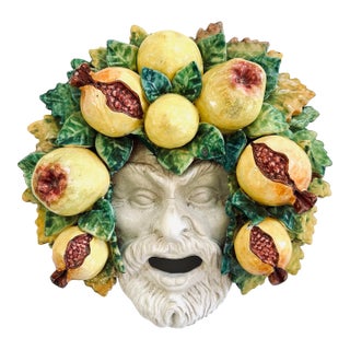 Italy Dottura Pottery Bacchus Mask Wall Plaque 14” X 14” For Sale
