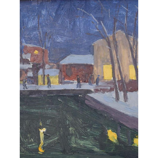 This atmospheric mid-century Oil painting by Evert Lambertz depicts an urban scene at night, with a still pond in the...
