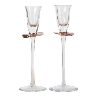 1980s Handblown Stemmed Cordial Glasses With Rose Copper Collar - a Pair For Sale
