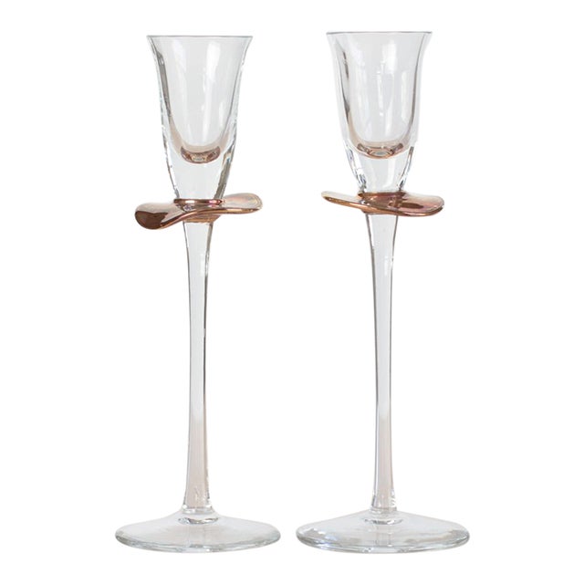 1980s Handblown Stemmed Cordial Glasses With Rose Copper Collar - a Pair For Sale