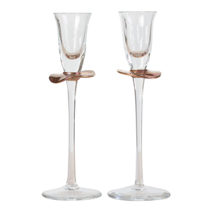 1980s Handblown Stemmed Cordial Glasses With Rose Copper Collar - a Pair
