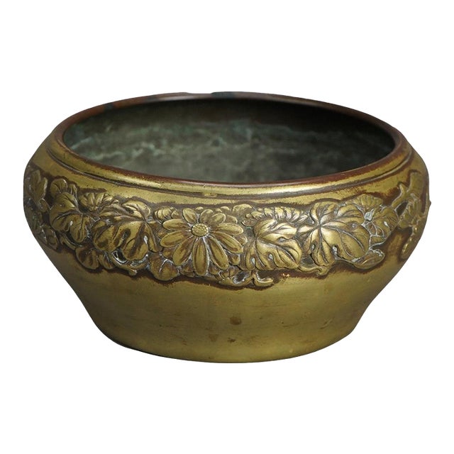 Antique Chinese Bronze Bowl with Embossed Floral Border 19th Century For Sale