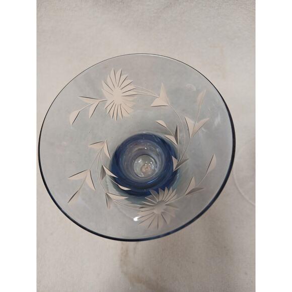 1960s Mid Century Modern Murano Etched Cocktail Cordial Glasses 5" Blue Barware Hand Blown Floral - a Pair For Sale - Image 10 of 16
