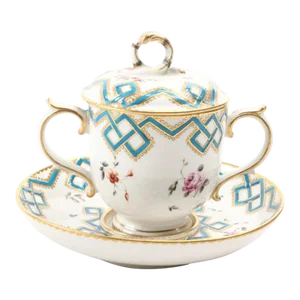 Antique 18th Century William Duesbury Chelsea Derby Porcelain Caudle or Chocolate Cup, Cover & Saucer Circa 1770