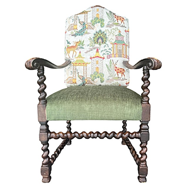 Chinoiserie Vintage Hacienda Chairs by Sherrill Reupholstered in P. Kaufmann Ayala Jasper Embroidery - A Pair For Sale - Image 3 of 5