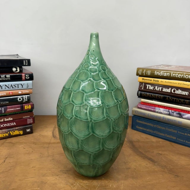 Late 20th Century Round Green Snakeskin Design Vase with Small Narrow Neck For Sale - Image 5 of 9