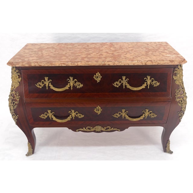 Louis XV Bombe Style Bronze Mounted Mahogany Rouge Marble Top Commode Dresser For Sale - Image 15 of 17