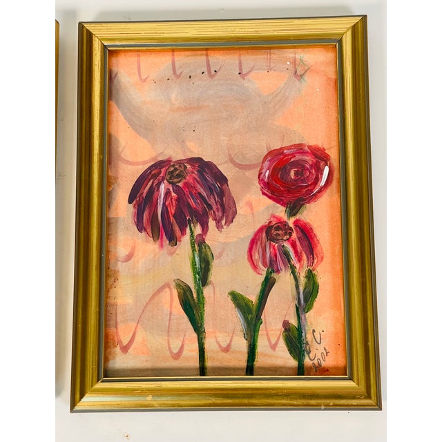 1970s 1970s Pair Abstract Floral Original Small Paintings in Gold Frames For Sale - Image 5 of 6