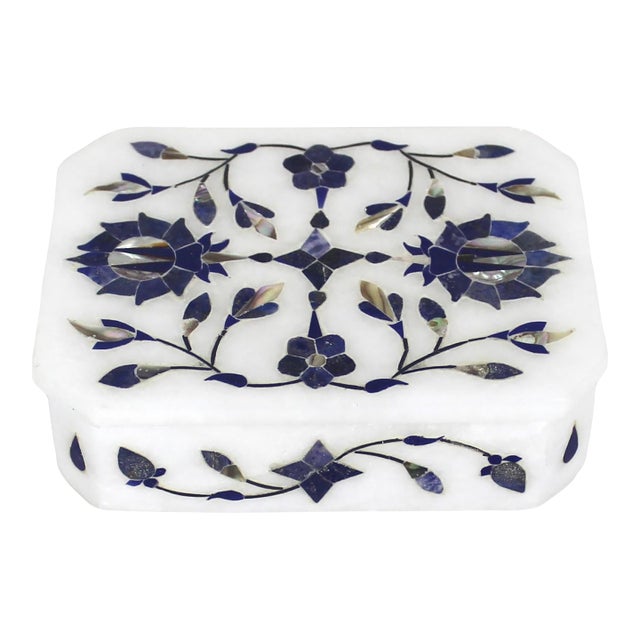 Vintage Marble Box Inlaid With Lapis Lazuli and Mother of Pearl For Sale