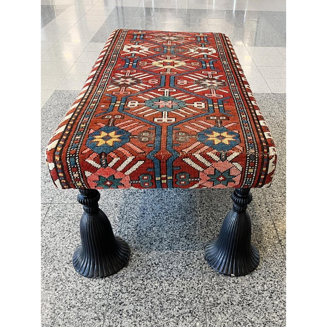 Red 1940s Kilim Ottoman With Cast Iron Tassel Legs For Sale - Image 8 of 12