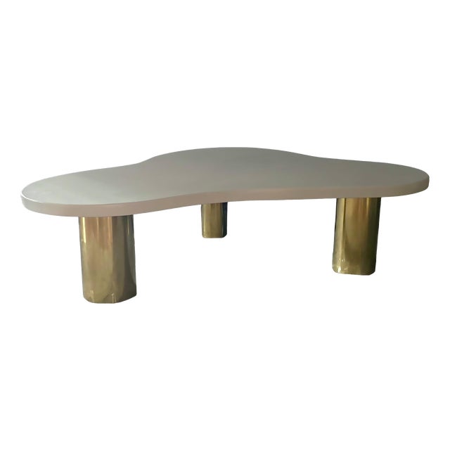 White Wood Cloud Style Coffee Table with Three Brass Feet from Justfurnituress SRL For Sale
