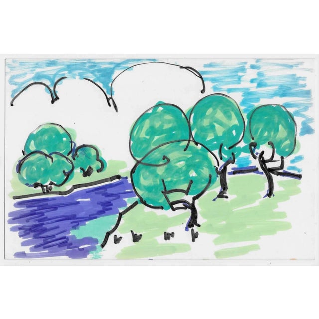 Alexandra Merker (1920-2009) watercolor and marker landscape painting; estate stamp and location on back. 5.5 x 8.5 inches