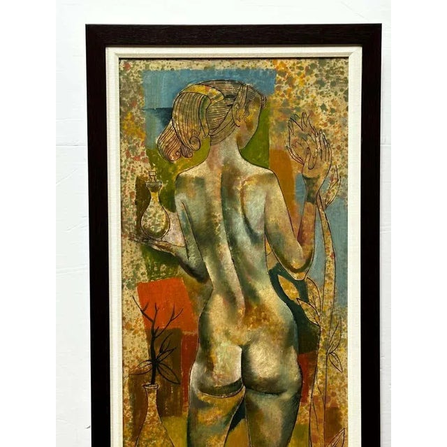 This delicate oil and ink painting on panel by Dusso depicts a beautiful and graceful woman seen from behind, her nude...