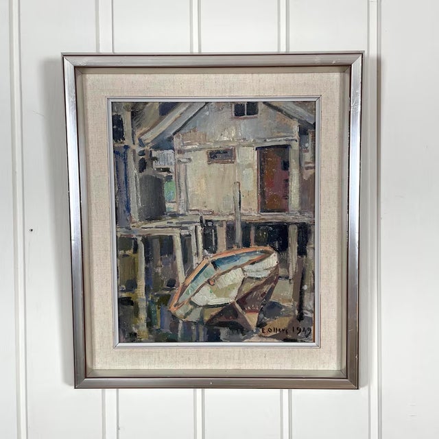 Gray 1949 Mid Century Swedish Modernist Harbour Oil Painting by Edvin Ollers For Sale - Image 8 of 13