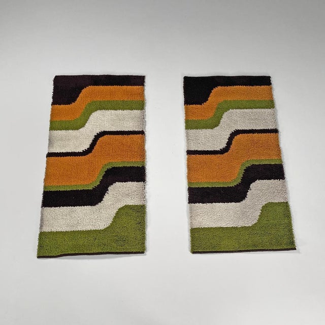 Textile Modern Italian Rectangular Rugs with Wavy Decorations in Green and Orange, 1970s, Set of 2 For Sale - Image 7 of 18