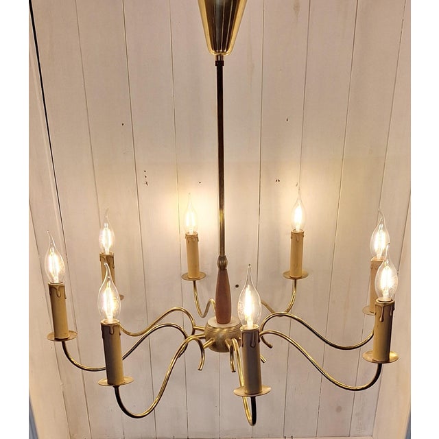 Mid-Century Modern Vintage Mid-Century 8-Light Chandelier with Brass Frame and Teak Wood, 1960s For Sale - Image 3 of 8