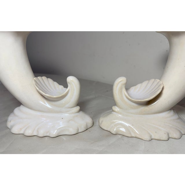 Shell Pair of Antique Signed White Glaze Cornucopia Shell Vases Marked Fulper #4065 For Sale - Image 7 of 11