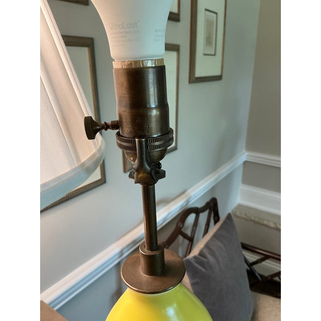 Ceramic Chinese Monochrome Chartreuse Porcelain Double Gord Lamp With Wooden Base For Sale - Image 7 of 12