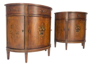 Pair of Adams Style Hand Painted Cherry Demi Lune Dressers Sideboards Consoles