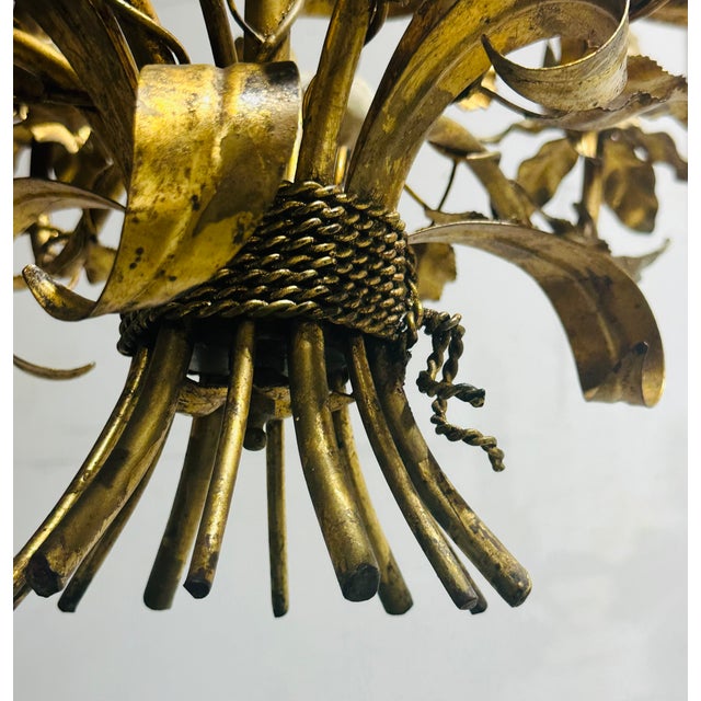 Hollywood Regency Vintage Italian Gilded Tole and Cream Enamel Floral 6-Light Chandelier For Sale - Image 3 of 17