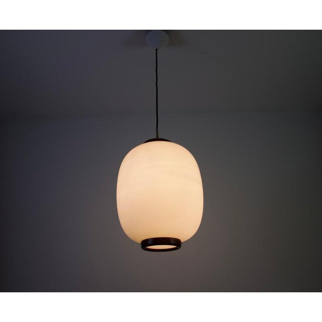 Wood Large Teak and Opal Glass Pendant Lamp by Bent Karlby for Lyfa, Denmark, 1960s For Sale - Image 7 of 14