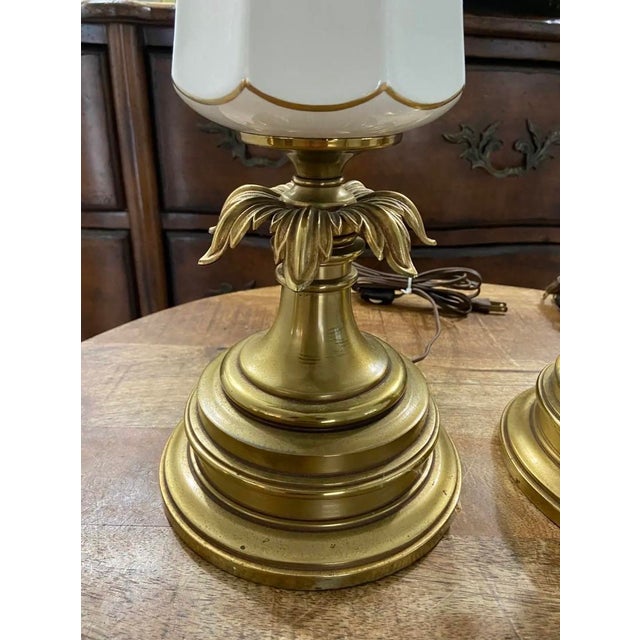 Vintage Stiffel Creamy White Ceramic and Brass Plume Buffet or Table Lamps, a Pair For Sale - Image 6 of 12